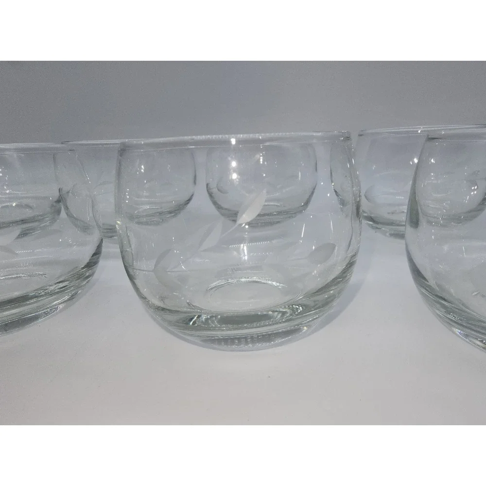 Vintage Etched Leaf Glass Juice Rocks Tumblers Set of 8 Clear Floral Barware